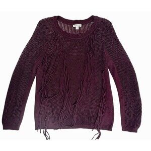 New York & Company Fringe Tassel Open Knit Sweater Mesh Dark Burgundy Grunge M